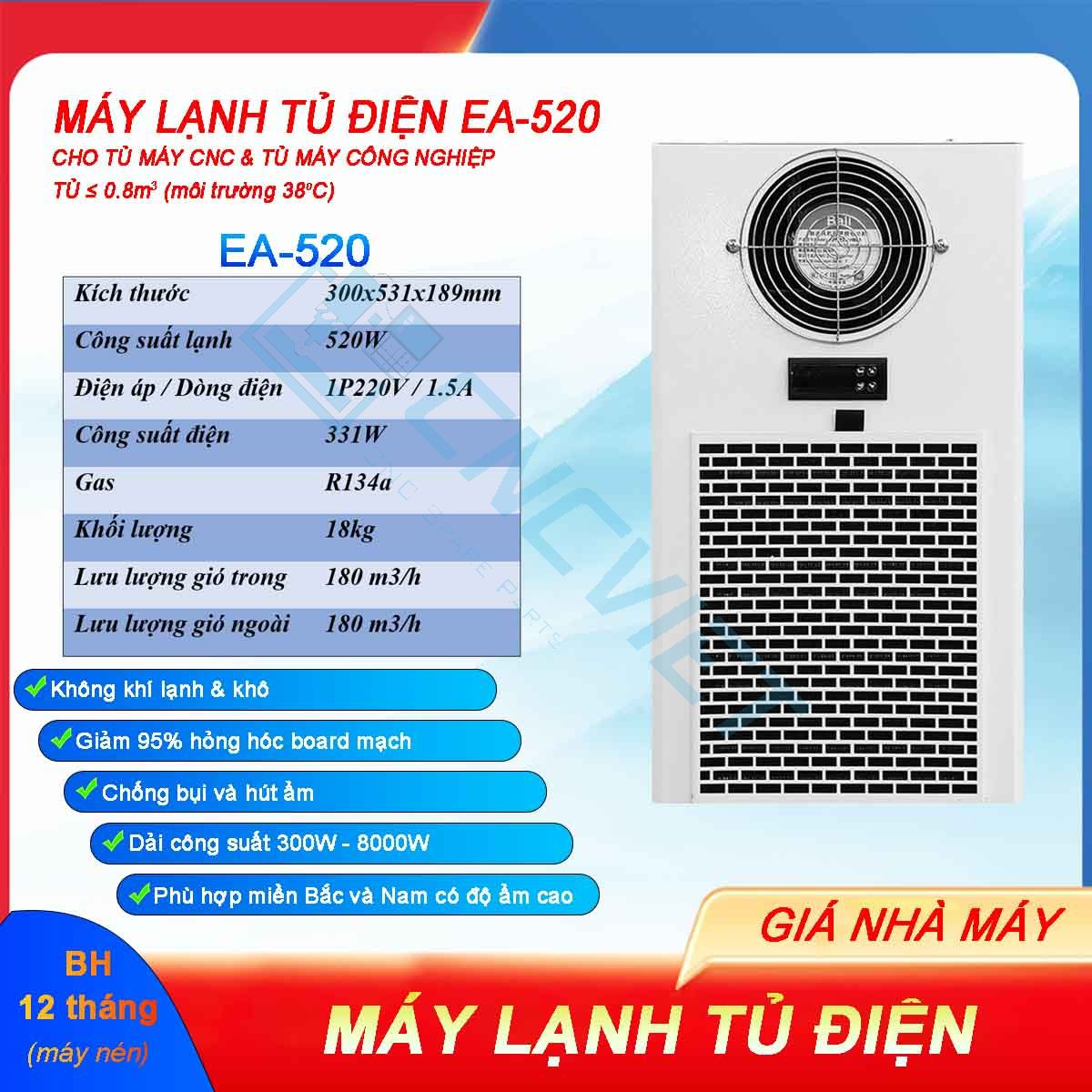 Máy lạnh tủ điện khô EA-500 EA-520 (điều hòa tủ điện) lắp cho tủ điện máy CNC. Loại bỏ lỗi máy móc chập chờn nhất là vào mùa nóng.