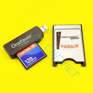 Combo Thẻ CF Sandisk cho máy CNC, gồm: 01 thẻ nhớ CF Sandisk công nghiệp (dung lượng tùy chọn), 01 đầu đọc CF USB, 01 adapter CF to PCMCIA của Sandisk.