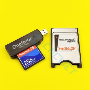 Combo Thẻ CF Sandisk cho máy CNC, gồm: 01 thẻ nhớ CF Sandisk công nghiệp (dung lượng tùy chọn), 01 đầu đọc CF USB, 01 adapter CF to PCMCIA của Sandisk.