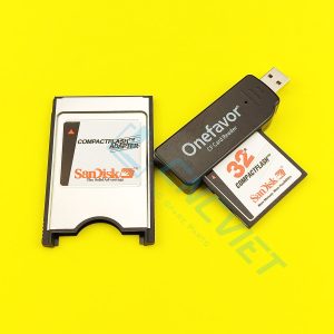 Combo Thẻ CF Sandisk cho máy CNC, gồm: 01 thẻ nhớ CF Sandisk công nghiệp (dung lượng tùy chọn), 01 đầu đọc CF USB, 01 adapter CF to PCMCIA của Sandisk.