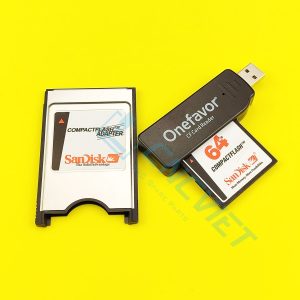 Combo Thẻ CF Sandisk cho máy CNC, gồm: 01 thẻ nhớ CF Sandisk công nghiệp (dung lượng tùy chọn), 01 đầu đọc CF USB, 01 adapter CF to PCMCIA của Sandisk.