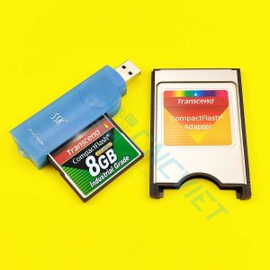 Combo Thẻ CF Transcend cho máy CNC, gồm: 01 thẻ nhớ CF Transcend công nghiệp CF200I, 01 đầu đọc CF USB, 01 adapter CF to PCMCIA của Transcend