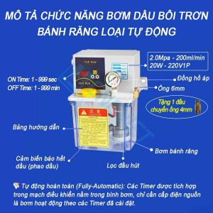Bơm dầu bôi trơn bánh răng, có loại bán tự động và loại tự động hoàn toàn, 220V 1P 20W, 200ml/min 2.0MPa, Thường dùng trên máy CNC là loại bán tự động.