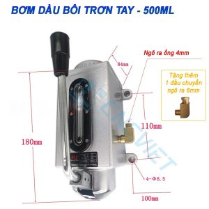 Bơm dầu bôi trơn tay, 500ml, đế bằng nhôm đúc. Mắt hiển thị mức dầu. Đường kính ống ngõ ra 4mm, tặng kèm đầu chuyển 6mm. Phù hợp dầu N32 - N68.