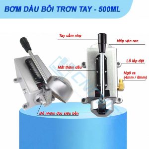 Bơm dầu bôi trơn tay, 500ml, đế bằng nhôm đúc. Mắt hiển thị mức dầu. Đường kính ống ngõ ra 4mm, tặng kèm đầu chuyển 6mm. Phù hợp dầu N32 - N68.