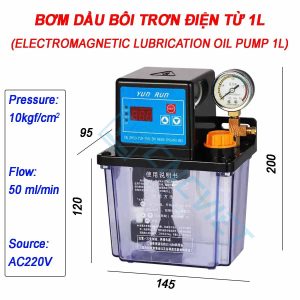 Bơm dầu bôi trơn điện từ, tự động hoàn toàn, 220V 1P 28W, 50ml/min 10kgf/cm2. Timer ON và OFF tích hợp trong mạch điều khiển trong bơm.