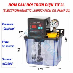 Bơm dầu bôi trơn điện từ, tự động hoàn toàn, 220V 1P 28W, 50ml/min 10kgf/cm2. Timer ON và OFF tích hợp trong mạch điều khiển trong bơm.