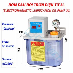 Bơm dầu bôi trơn điện từ, tự động hoàn toàn, 220V 1P 28W, 50ml/min 10kgf/cm2. Timer ON và OFF tích hợp trong mạch điều khiển trong bơm.