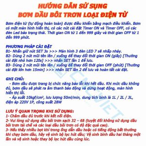 Bơm dầu bôi trơn điện từ, tự động hoàn toàn, 220V 1P 28W, 50ml/min 10kgf/cm2. Timer ON và OFF tích hợp trong mạch điều khiển trong bơm.