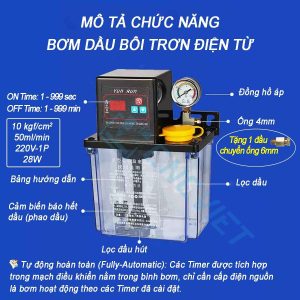 Bơm dầu bôi trơn điện từ, tự động hoàn toàn, 220V 1P 28W, 50ml/min 10kgf/cm2. Timer ON và OFF tích hợp trong mạch điều khiển trong bơm.