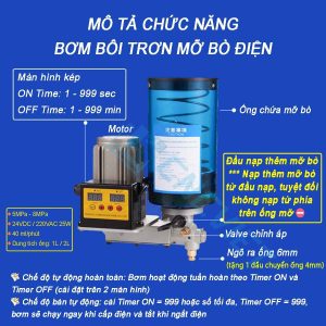 Bơm mỡ bò điện, 24V / 220V, 25W, 40ml/min, 5.0 - 8.0 MPa, dung tích ống 1L - 2L. hoạt động chế độ tự động hoàn toàn hoặc bán tự động, phù hợp mỡ bò 0 - 000.
