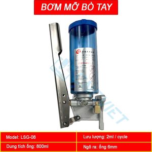 Bơm mỡ bò tay, 500ml / 800ml, thân đế bằng nhôm đúc. Đường kính ống ngõ ra 6mm, tặng kèm đầu chuyển ống 4mm. Phù hợp mỡ bò 0 - 000.