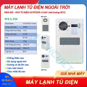 Máy lạnh tủ điện ngoài trời WEA-520 520W có độ chống thấm cao, sử dụng ngoài trời hoặc xưởng có độ ẩm cao, làm mát nhanh và chịu nhiệt độ cao.