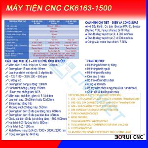 Máy tiện CNC CK6163-1500, chính hãng Borui, giá nhà máy. Mâm cặp 12inch (304mm) loại thủy lực 3 chấu, đk tiện max 630mm, hành trình tiện max 1500mm, sai số 0.01mm