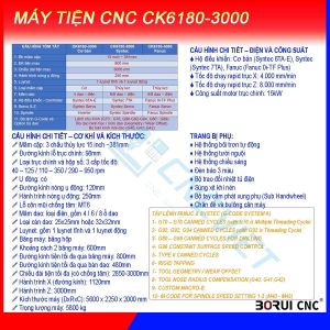 Máy tiện CNC CK6180-3000, chính hãng Borui, giá nhà máy. Mâm cặp 15inch (381mm) loại thủy lực 3 chấu, đk tiện max 800mm, hành trình tiện max 3000mm.