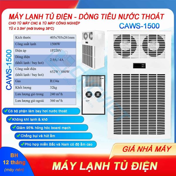Máy lạnh tủ điện khô CAWS-1500 1500W (điều hòa tủ điện) bản tiêu nước, lắp cho tủ điện máy CNC. Dải công suất lạnh: 300W, 500W, 800W... 2000W.