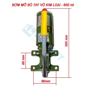Bơm mỡ bò tay vỏ kim loại có dung tích 600ml hoặc 1200ml, đều có đế và thân bình bằng kim loại. Đường kính ống ngõ ra 10 mm, tặng kèm đầu chuyển ống 6mm. Phù hợp mỡ bò 000 - 0.