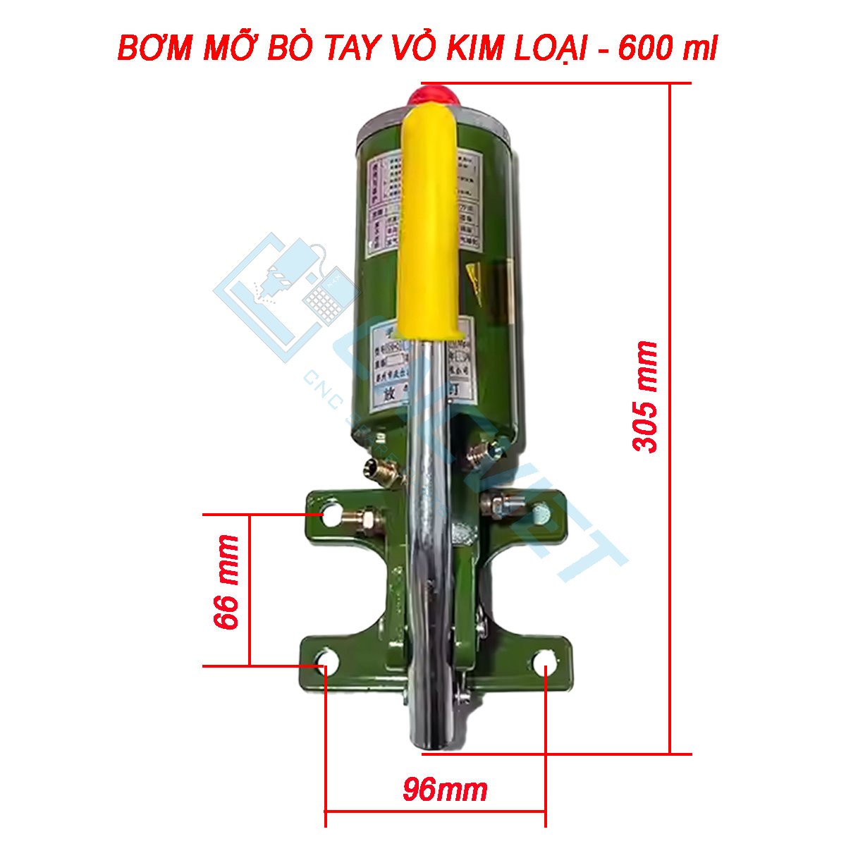 Bơm mỡ bò tay vỏ kim loại có dung tích 600ml hoặc 1200ml, đều có đế và thân bình bằng kim loại. Đường kính ống ngõ ra 10 mm, tặng kèm đầu chuyển ống 6mm. Phù hợp mỡ bò 000 - 0.
