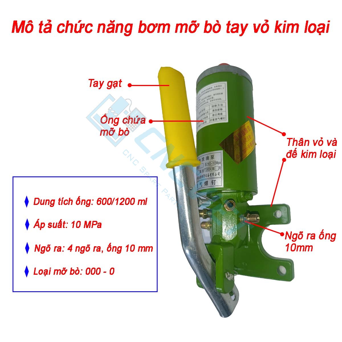 Bơm mỡ bò tay vỏ kim loại có dung tích 600ml hoặc 1200ml, đều có đế và thân bình bằng kim loại. Đường kính ống ngõ ra 10 mm, tặng kèm đầu chuyển ống 6mm. Phù hợp mỡ bò 000 - 0.