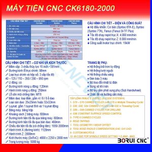 Máy tiện CNC CK6180-2000, chính hãng Borui, giá nhà máy. Mâm cặp 15inch (381mm) loại thủy lực 3 chấu, đk tiện max 800mm, hành trình tiện max 2000mm.