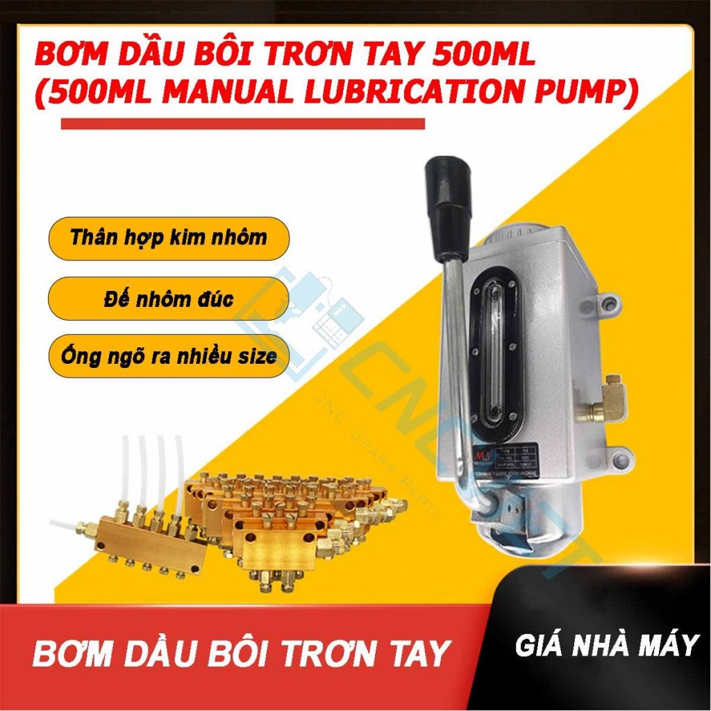 Bơm dầu tay chất lượng cao, đế nhôm đúc nguyên khối – bền bỉ theo năm tháng. Mắt hiển thị dầu, ống 4mm kèm đầu 6mm. Dùng tốt cho dầu N32-N68. Có sẵn tại CNCVIET.